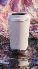 Poster - A white disposable coffee cup stands on swirling abstract textures