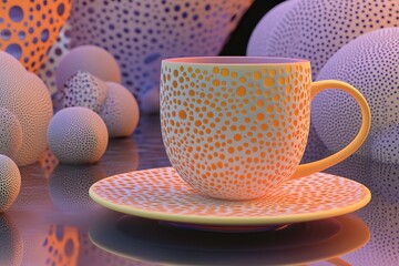 Poster - A colorful cup and saucer with patterned spherical shapes