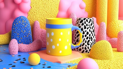 Poster - Colorful abstract composition features a polka dotted coffee mug design