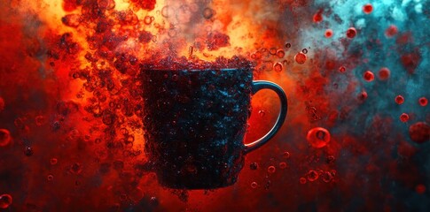 Poster - A dark colored mug erupting within vibrant and fiery surroundings