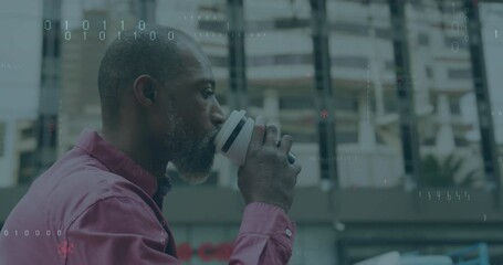 Poster - Man drinking coffee with digital binary code animation overlaying urban background