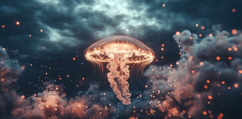 Wall Mural - A Glowing Illuminated Jellyfish Floating Amongst Dramatic Dark Clouds
