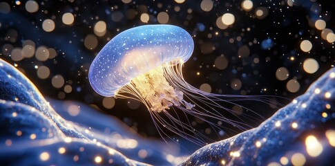 Poster - A glowing jellyfish floats in an underwater starry illuminated scene
