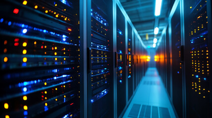 Poster - Digital data network servers in a server room of a data center or ISP with Electric circuit high speed data transfer, 3d rendering