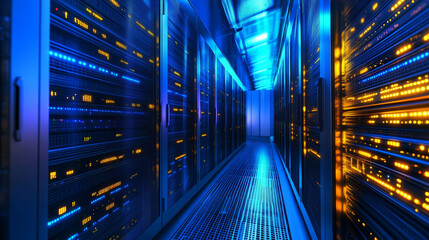 Poster - Digital data network servers in a server room of a data center or ISP with Electric circuit high speed data transfer, 3d rendering