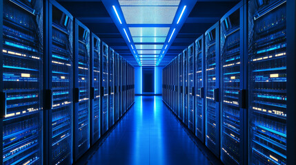 Poster - Digital data network servers in a server room of a data center or ISP with Electric circuit high speed data transfer, 3d rendering