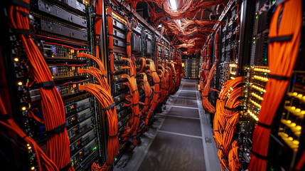 Poster - Digital data network in a server room of a data center. Global 5g high speed internet connection and Big data analysis process background concept. 3d rendering