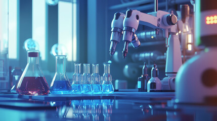 Poster - ai technology, data deep learning robotic, molecule of chemical, atom cell science, futuristic cyber network system server blue background illustration 3d rendering