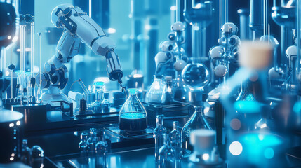 Poster - ai technology, data deep learning robotic, molecule of chemical, atom cell science, futuristic cyber network system server blue background illustration 3d rendering