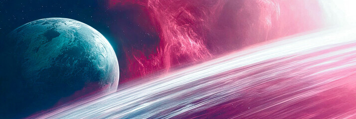 Poster - Vibrant cosmic landscape showcasing a planet alongside a radiant moon in a stellar embrace