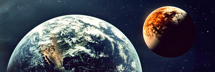 Poster - Celestial companions in the cosmic expanse showcasing Earth and a distant planet by the moon