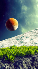 Poster - Moonlit landscape with a distant planet hovering in a starry sky