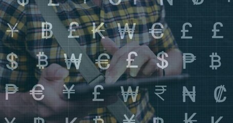 Poster - Using tablet, person in animation with currency symbols, representing digital finance