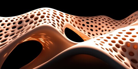 Poster - A flowing abstract sculptural form with circular perforations is visible
