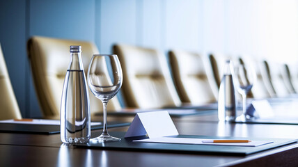 Aufkleber - Close-up of a conference table setting: water bottle, wine glass, blank card, pen, and papers Showcase of business meeting preparation, symbolizing professionalism and readiness for discussion