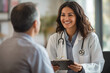 © lashkhidzetim - woman doctor is talking to a man in a white coat. The man is smiling and the woman is smiling back