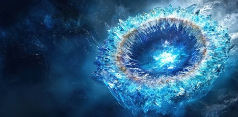 Poster - An abstract illustration of a glowing crystalline structure in space