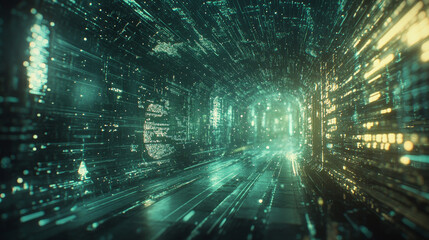 Poster - digital tunnel of cyberspace with particles and digital data, technology network connections backgro