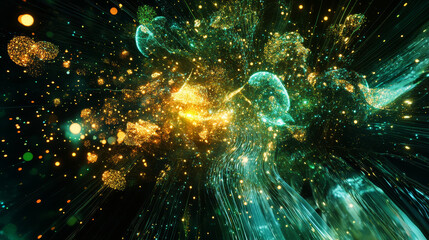 Poster - digital tunnel of cyberspace with particles and digital data, technology network connections backgro