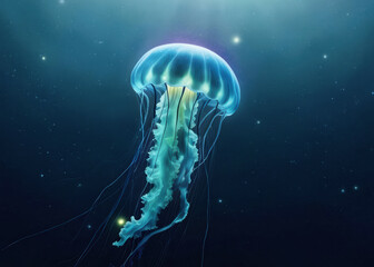 Poster - Bioluminescent jellyfish. Huge jellyfish in the blue ocean, photorealistic image.