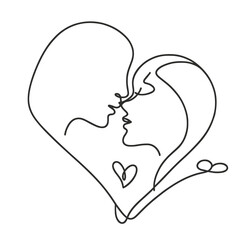Poster - Minimalist line art of two lovers kissing within a heart shape on a white background