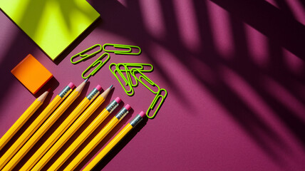 Aufkleber - Yellow pencils, green paperclips, orange eraser, and lime notepad on a purple background with leaf shadows, showcasing a minimalist stationery scene ideal for branding or education mockups