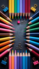 Poster - Colorful pencils arranged in a circular frame on a dark surface, creating a blank space ideal for text or logo placement, symbolizing creativity, education, and art supplies.