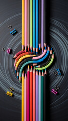 Poster - Colorful pencils arranged in a creative pattern on a dark background, showcasing vibrant hues and a playful design, symbolizing creativity and artistic expression