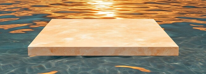 Wall Mural - a podium emerging from a shallow pool, reflecting soft golden sunset light