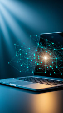 Laptop displaying teal network connection graphic, illuminated by spotlight, dark background, showcasing digital connectivity and technology concept