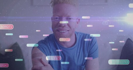 Poster - Floating digital numbers and data overlay, person smiling with animation effects