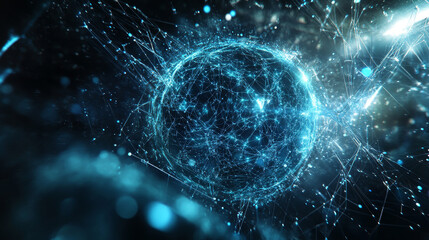 Poster - Blue color particles wave flowing with lines and dots connection, Digital cyberspace futuristic, Abstract background 3d rendering