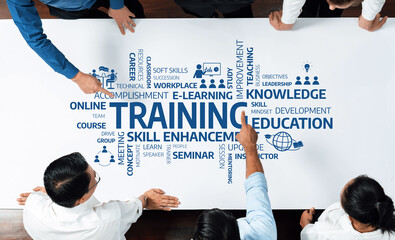 Poster - This image showcases a group of professionals engaged in a collaborative workshop focused on training, skill enhancement, and career development through innovative methods. Amity