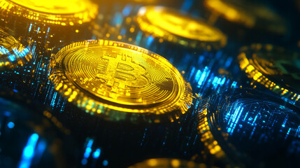 Poster - Digital cryptocurrency symbols in vibrant yellow and blue with futuristic circuits and hexagonal patterns represent blockchain technology and modern financial systems. 3D Rendering