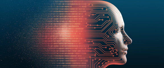 Poster - Profile view of a head, circuit board design overlaid, binary code streaming, suggesting artificial intelligence or digital consciousness, technology concept