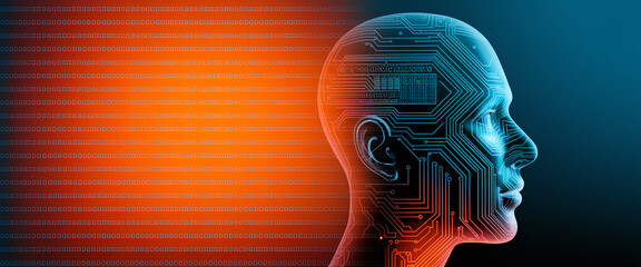 Poster - Profile view of a transparent head overlaid with circuit board pattern, set against a binary code background, symbolizing artificial intelligence or technological advancement