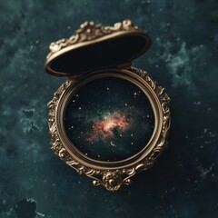 Wall Mural - an elegant gold compact mirror reflecting a vast starry cosmos