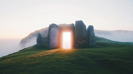 Wall Mural - a mystical stone doorway surrounded by ancient rocks on a foggy hillside at dawn.