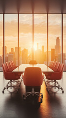 Aufkleber - Modern conference room with red chairs, large window showcasing city sunrise, symbolizing successful business, meetings, and urban landscape