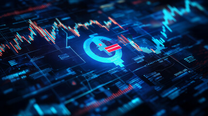 Poster - Thai baht symbol in futuristic blue digital interface, symbolizing digital currency, fintech, and financial innovation in Thailand's economy. Business and financial investment concept. 3D Rendering