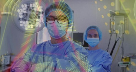 Poster - Medical professionals in scrubs with colorful data processing animation overlay