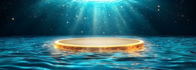 Wall Mural - a podium submerged in water, with soft ripples and glowing underwater bioluminescent details