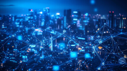 Poster - Smart City Of Cyberspace And Metaverse, Technology Digital Network Connection, Social Network Connection, Blue Abstract Background Concept. 3d Rendering