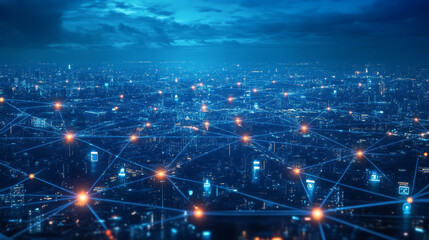 Poster - Smart City Of Cyberspace And Metaverse, Technology Digital Network Connection, Social Network Connection, Blue Abstract Background Concept. 3d Rendering