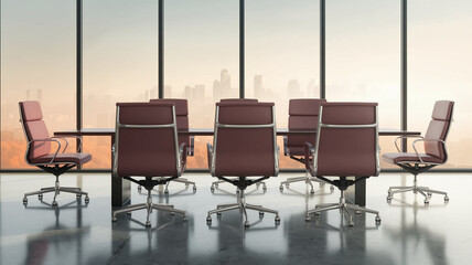 Aufkleber - Modern office meeting room with six burgundy chairs around a long table, overlooking a cityscape at sunset.  Showcase of contemporary business interior design
