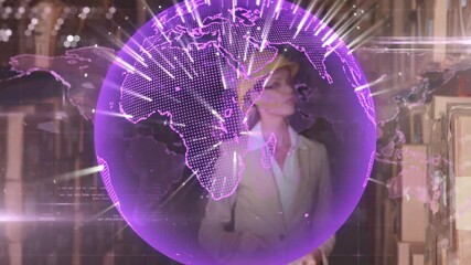 Poster - In office, businesswoman using animation of digital globe with data connections