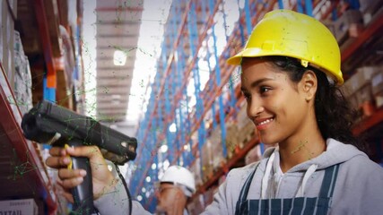 Poster - Scanning boxes with barcode scanner, warehouse worker wearing yellow safety helmet
