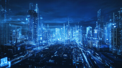 Poster - Smart City Of Cyberspace And Metaverse, Technology Digital Network Connection, Social Network Connection, Blue Abstract Background Concept. 3d Rendering