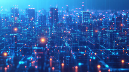 Poster - Smart City Of Cyberspace And Metaverse, Technology Digital Network Connection, Social Network Connection, Blue Abstract Background Concept. 3d Rendering