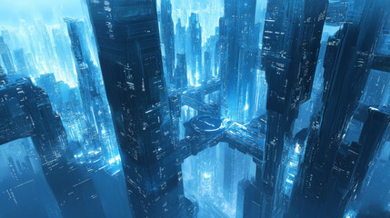 Poster - Smart City Of Cyberspace And Metaverse, Technology Digital Network Connection, Social Network Connection, Blue Abstract Background Concept. 3d Rendering